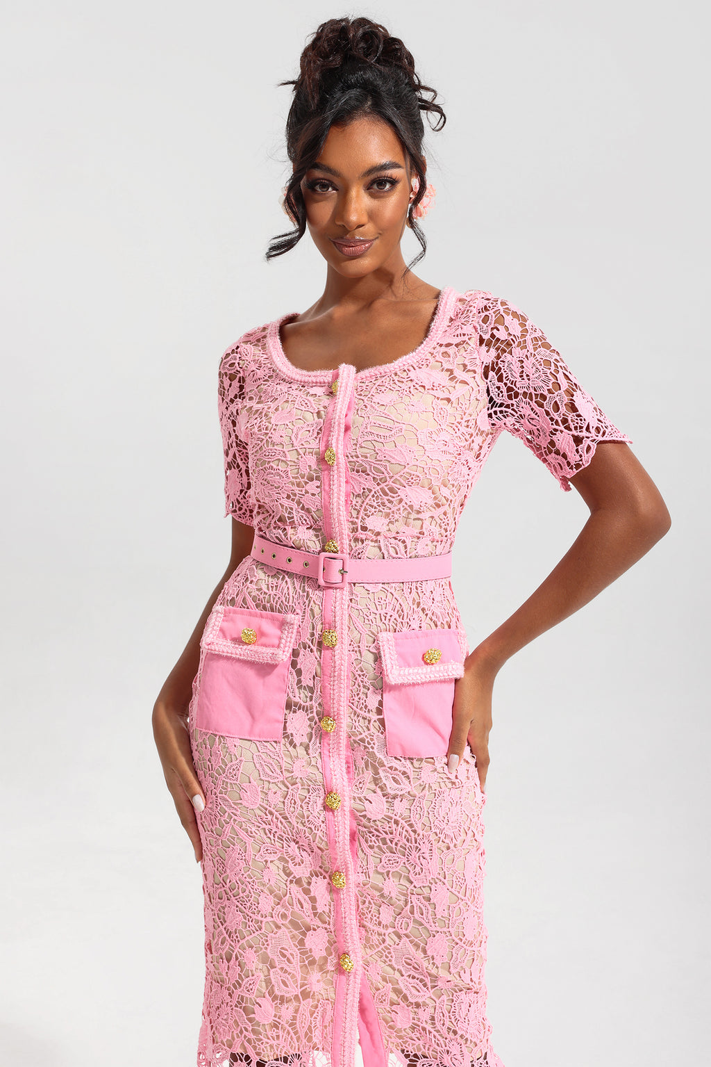 Lace Metal Bottom Round Neck Midi Dress