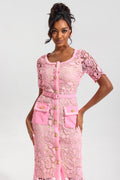 Lace Metal Bottom Round Neck Midi Dress