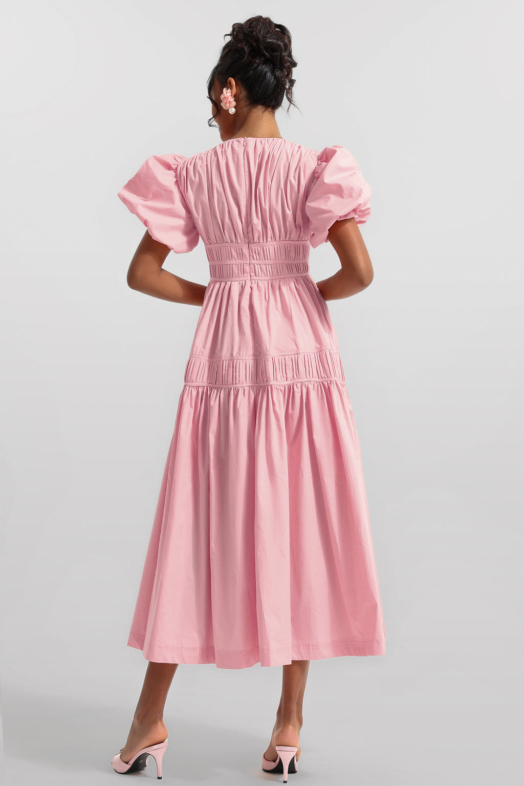 V-neck Puff Sleeve Midi Dress