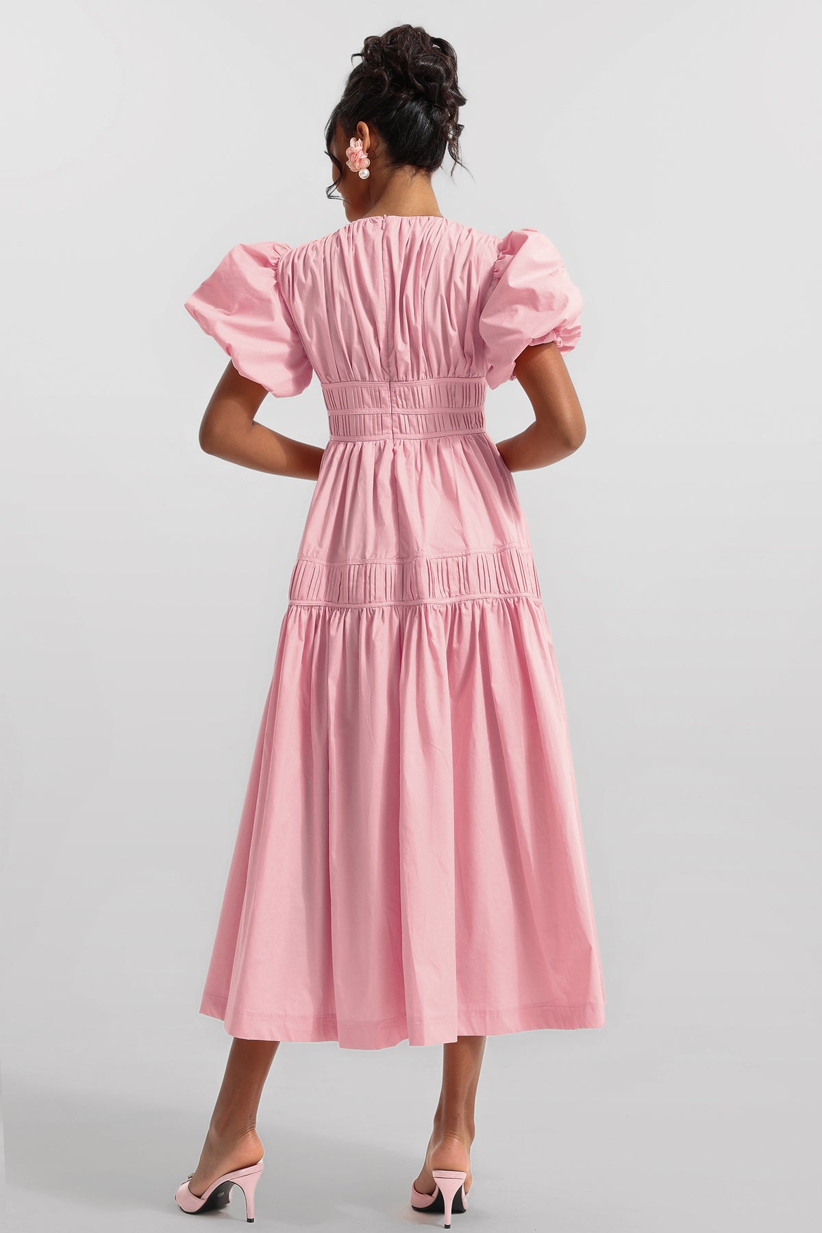 V-neck Puff Sleeve Midi Dress