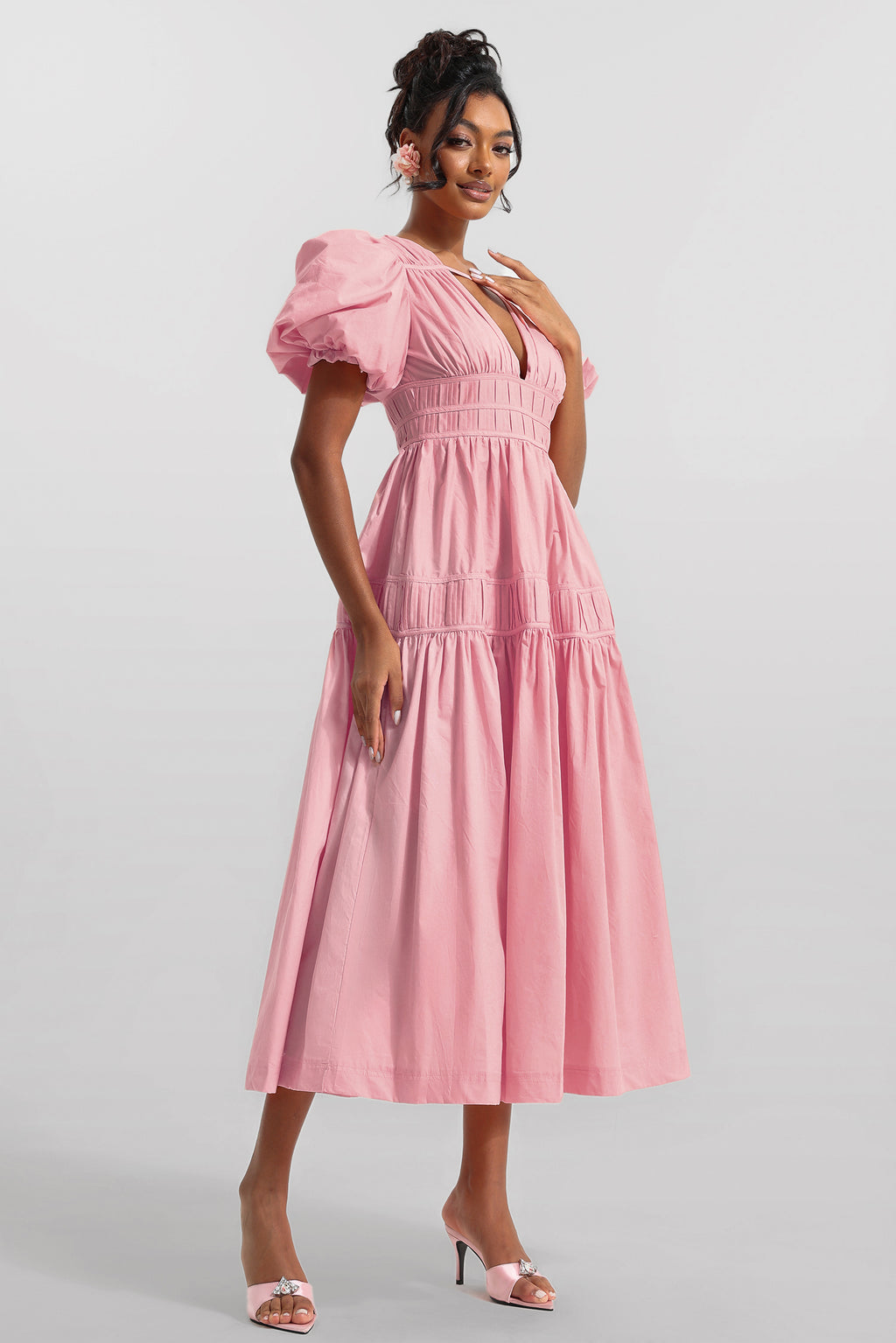 V-neck Puff Sleeve Midi Dress