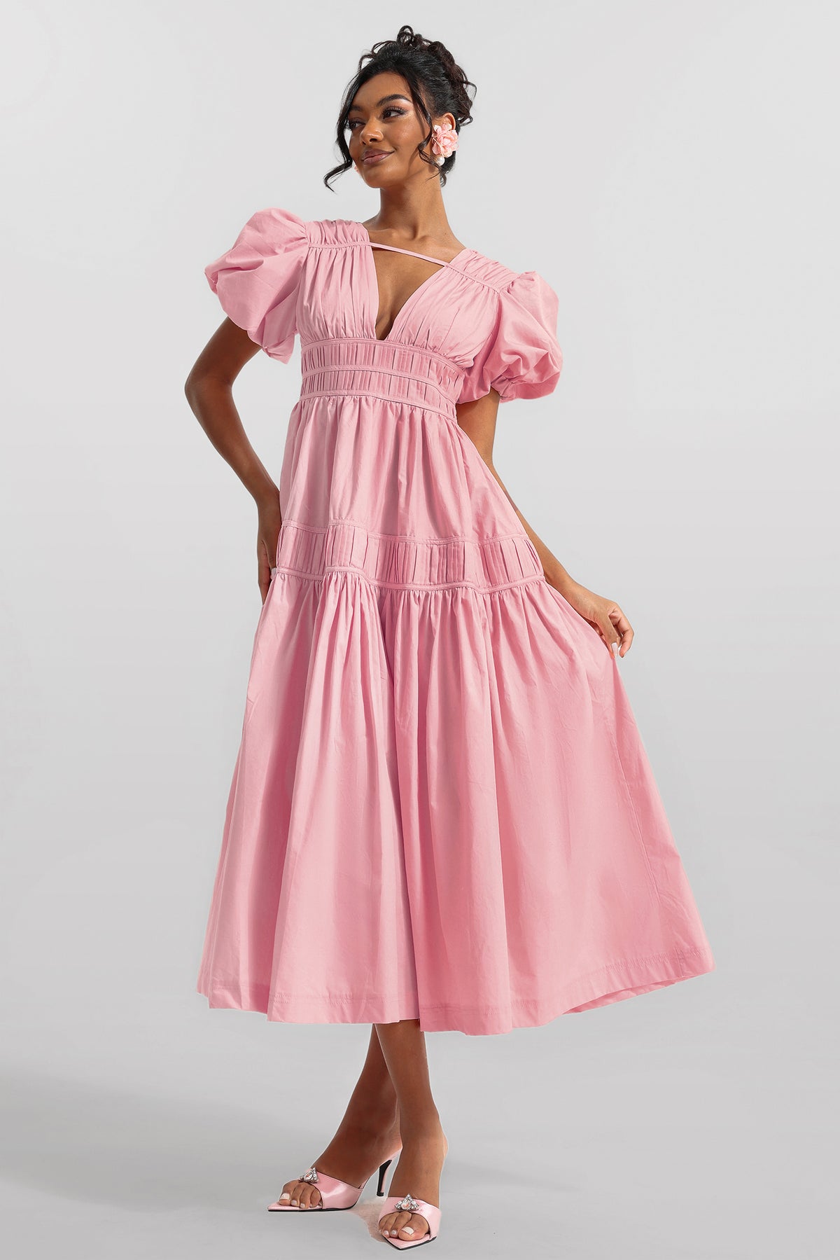 V-neck Puff Sleeve Midi Dress
