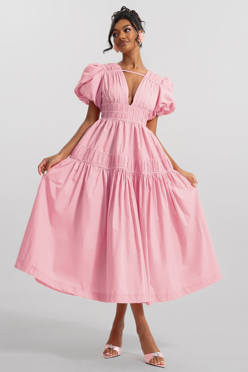 V-neck Puff Sleeve Midi Dress
