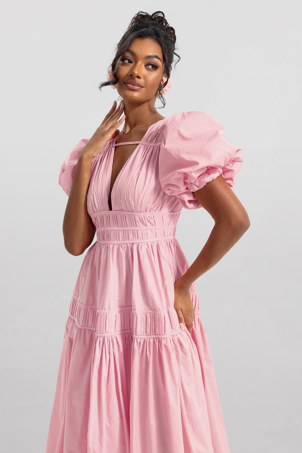 V-neck Puff Sleeve Midi Dress