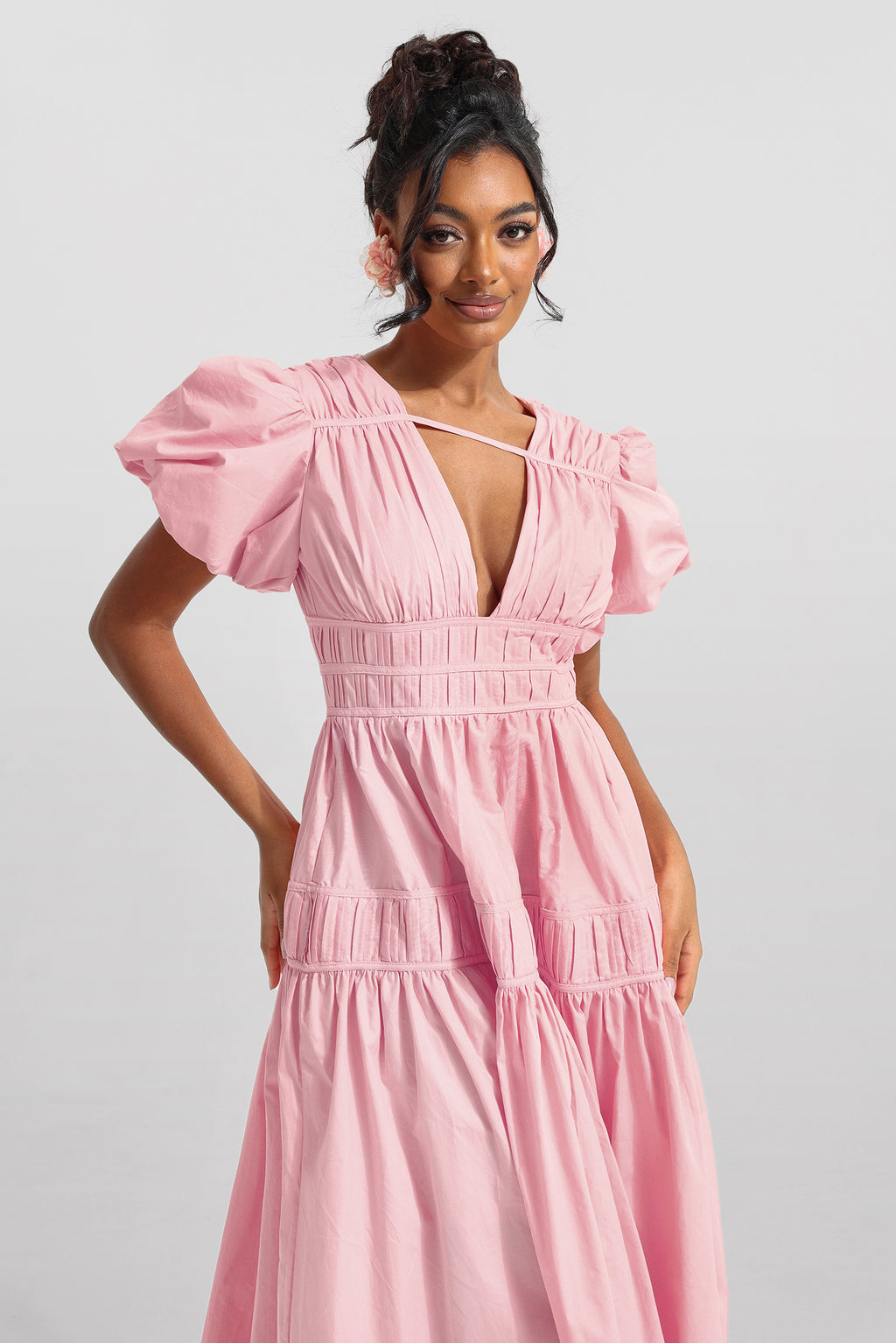 V-neck Puff Sleeve Midi Dress