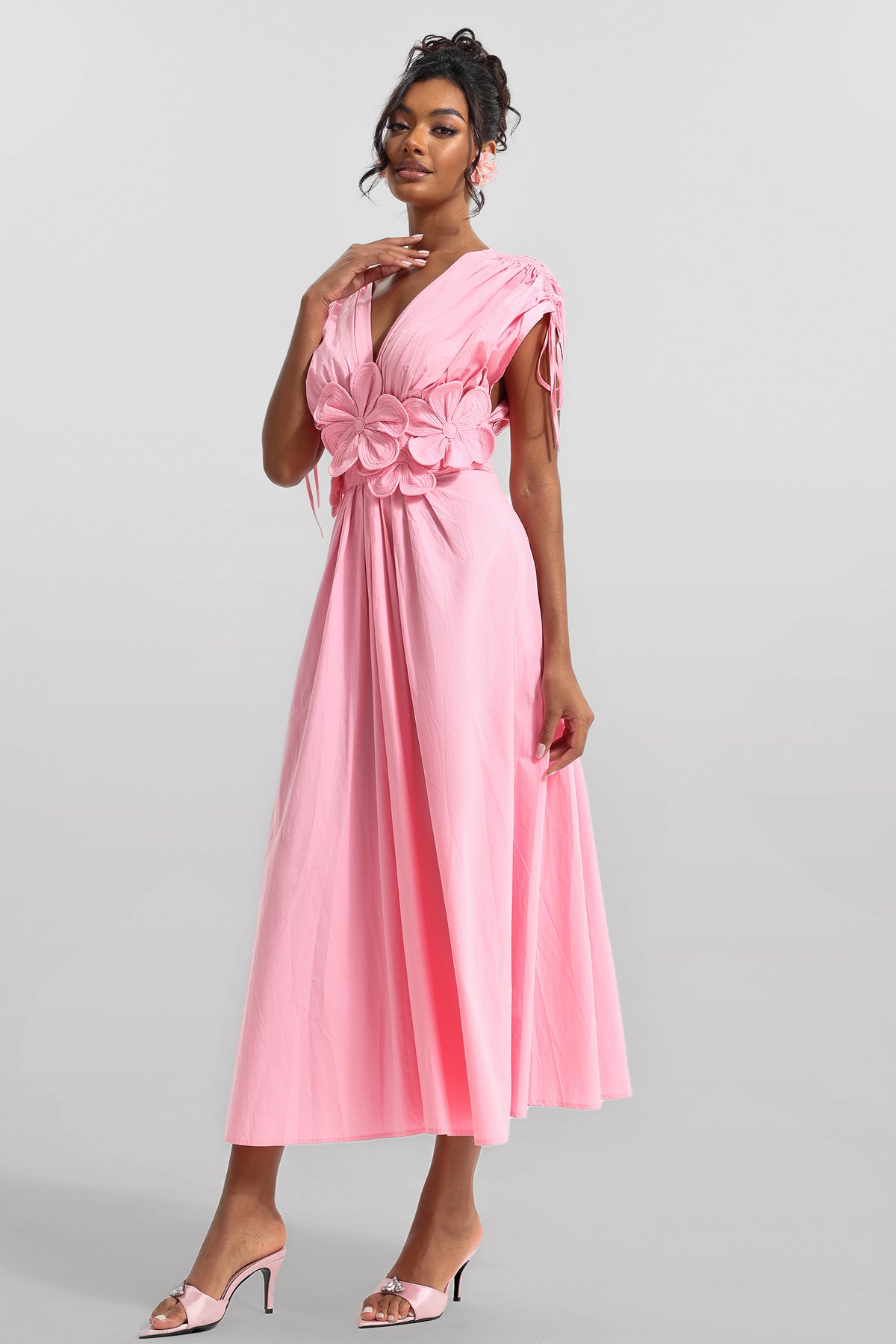 3d V-neck Lace Up Midi Dress