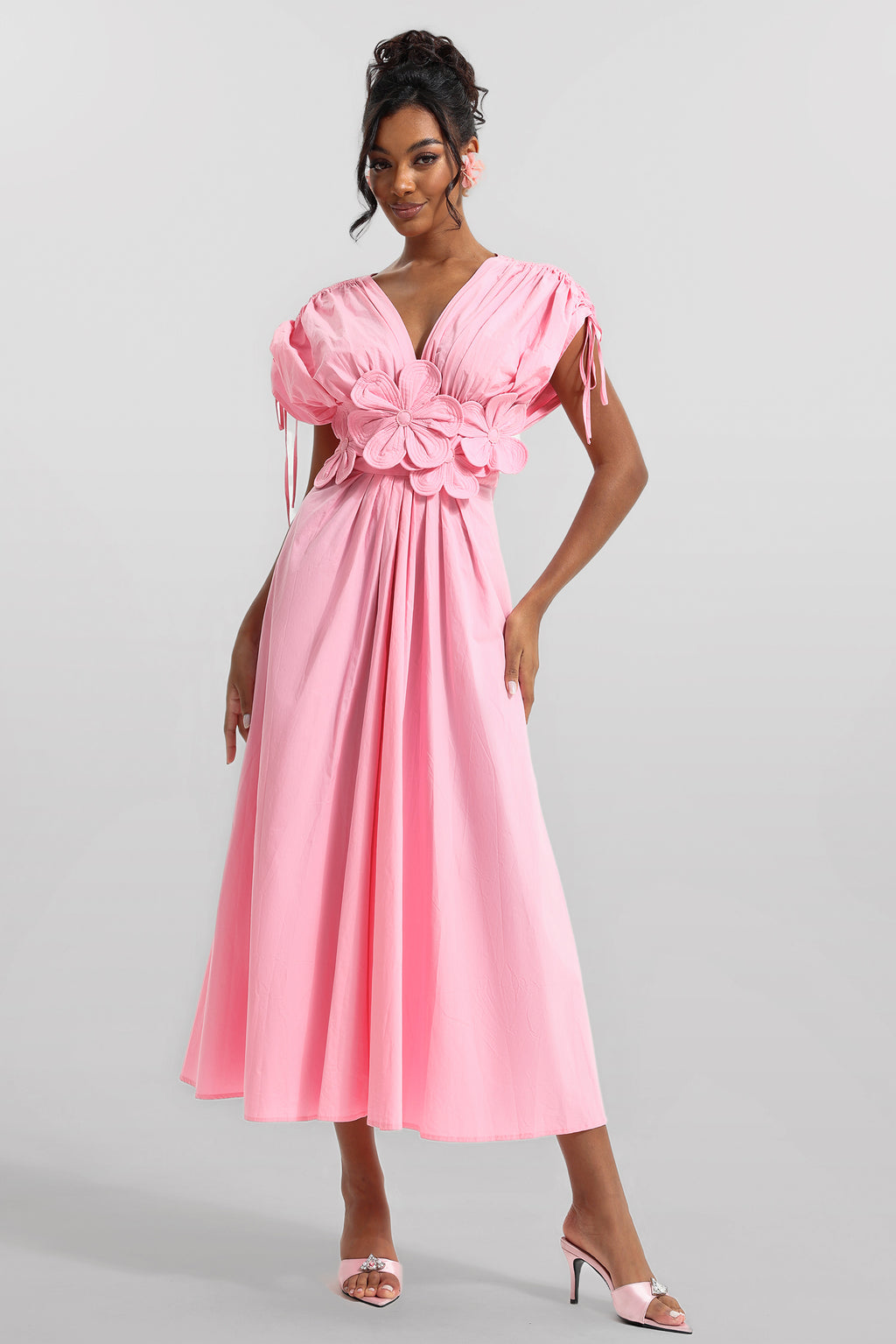 3d V-neck Lace Up Midi Dress