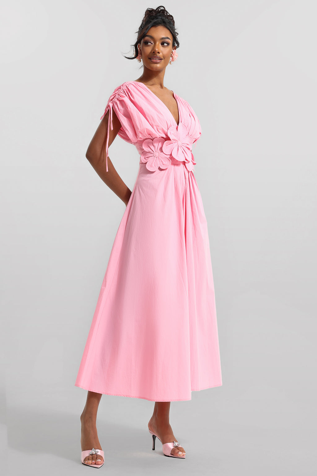3d V-neck Lace Up Midi Dress