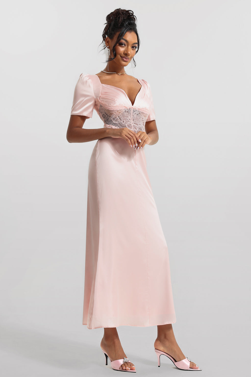 Satin Lace V-neck Midi Dress