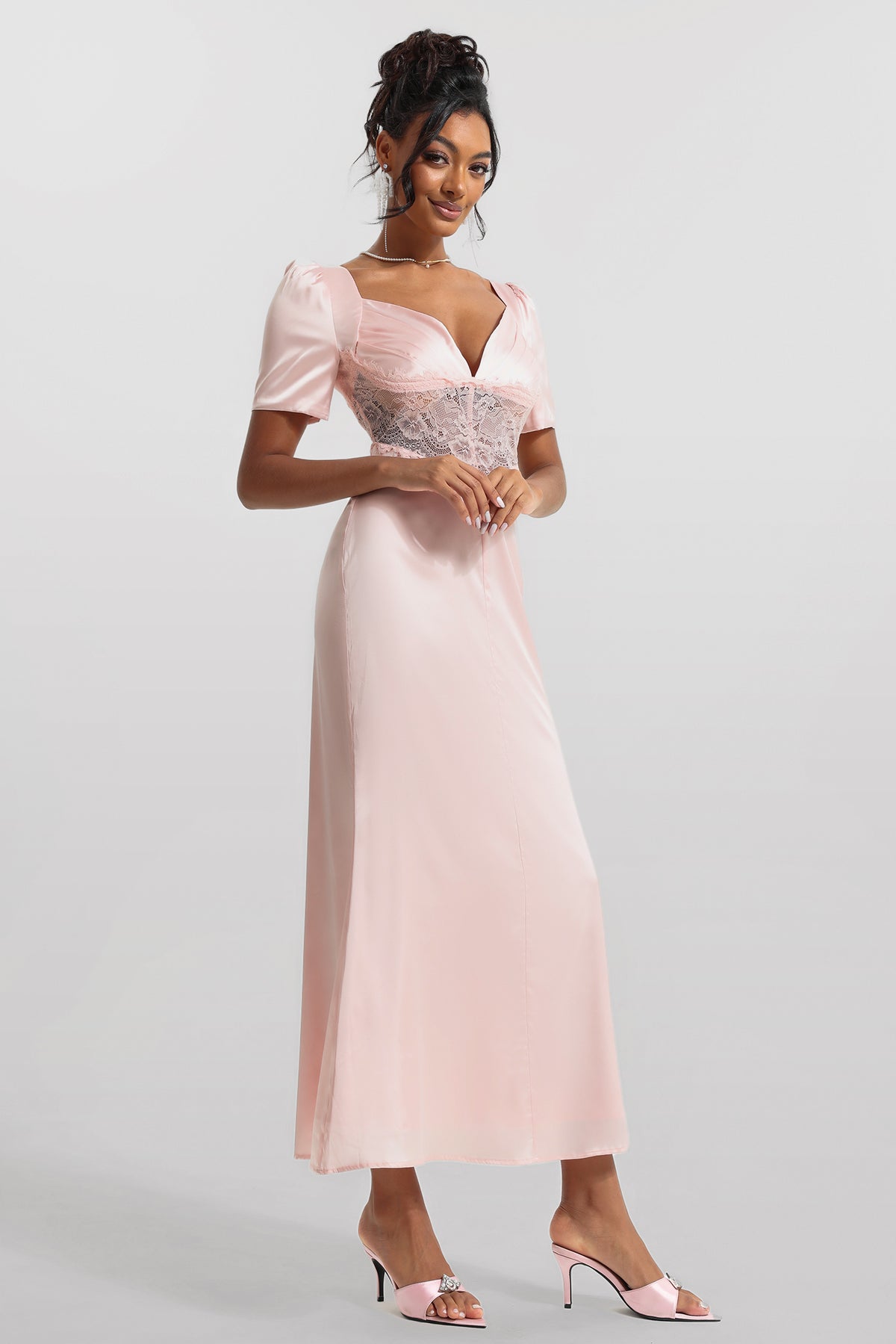 Satin Lace V-neck Midi Dress