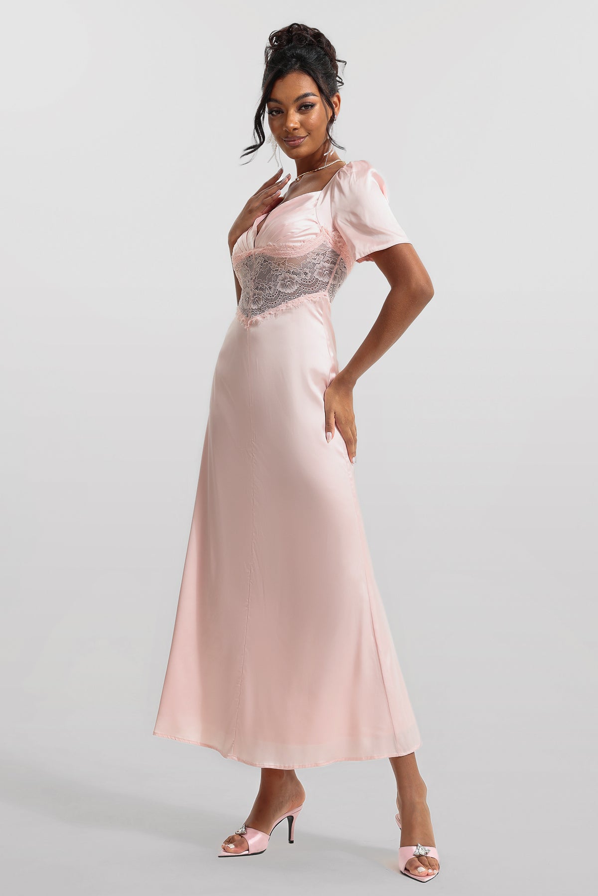 Satin Lace V-neck Midi Dress