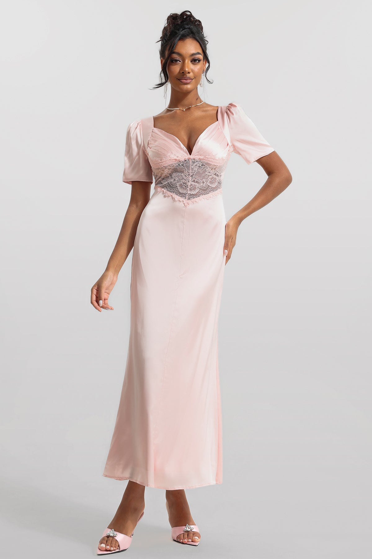 Satin Lace V-neck Midi Dress