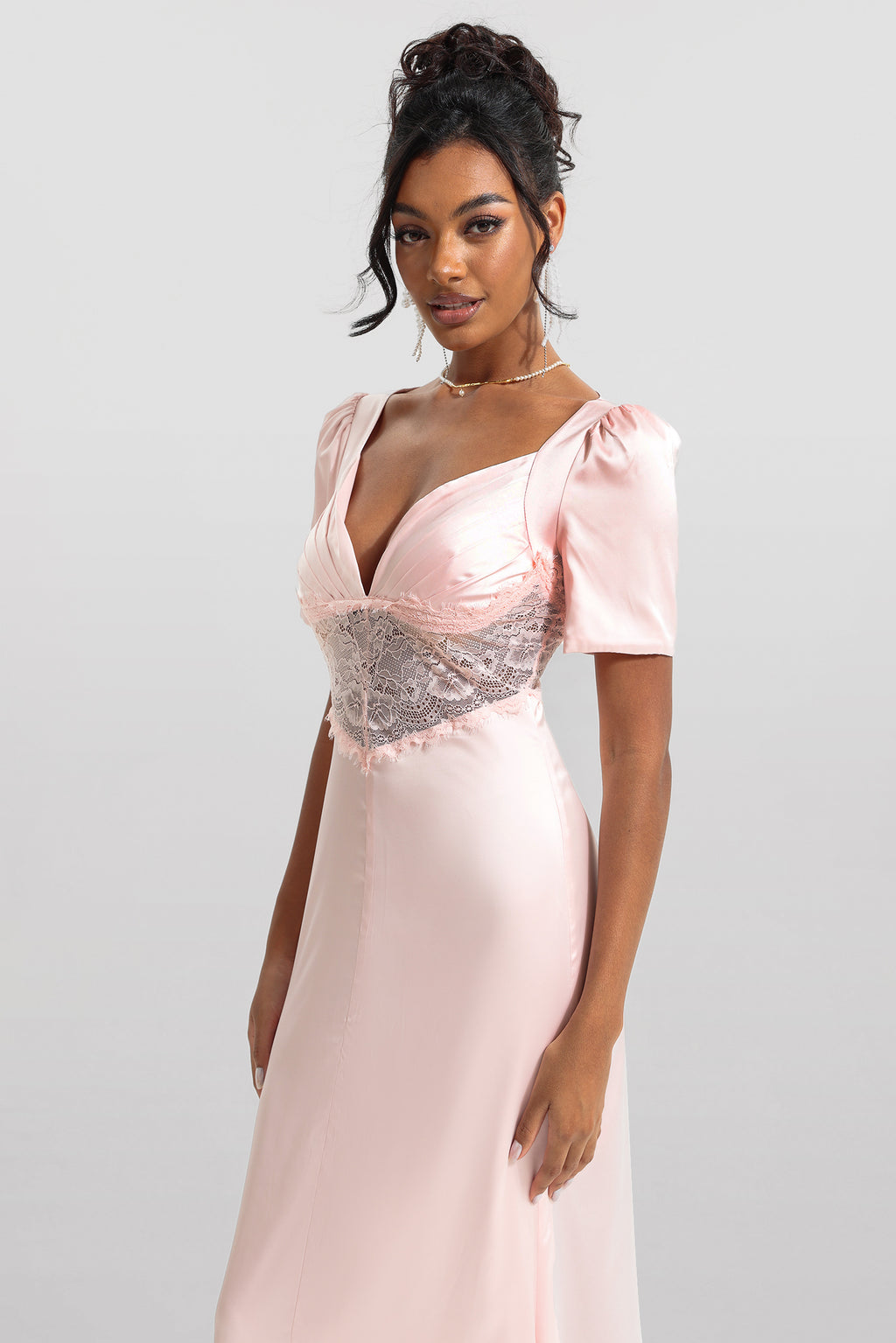Satin Lace V-neck Midi Dress