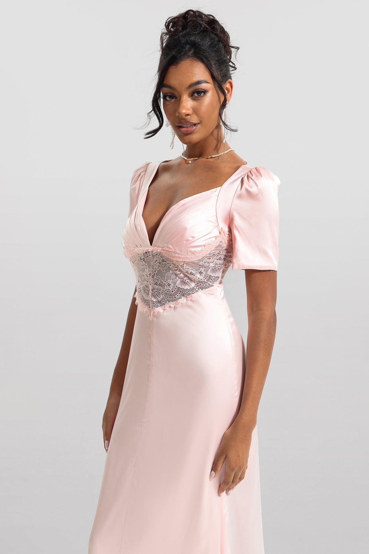 Satin Lace V-neck Midi Dress