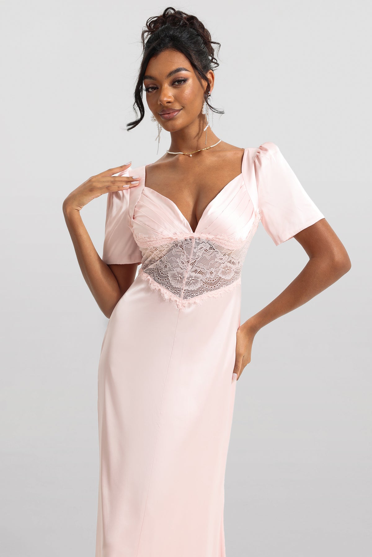 Satin Lace V-neck Midi Dress