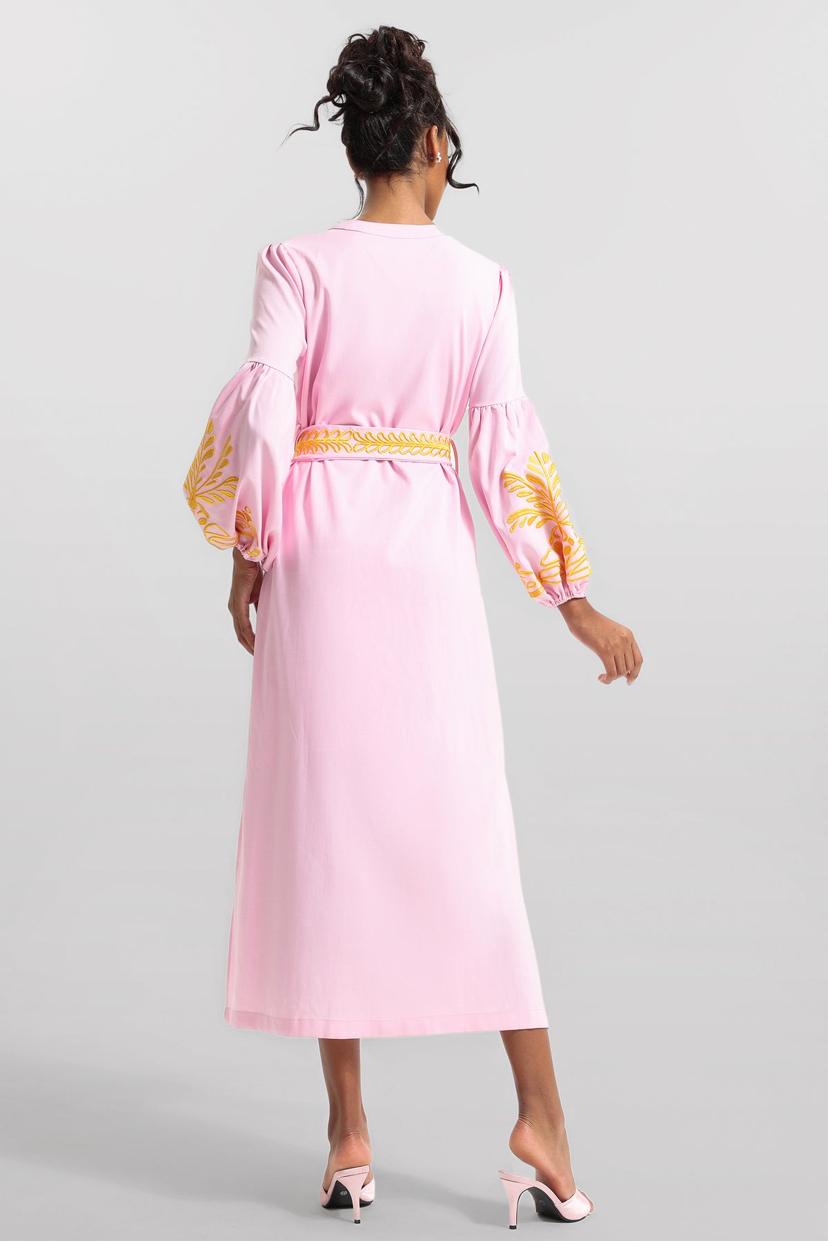 Embroidered Button Long Sleeve Midi Dress With Belt
