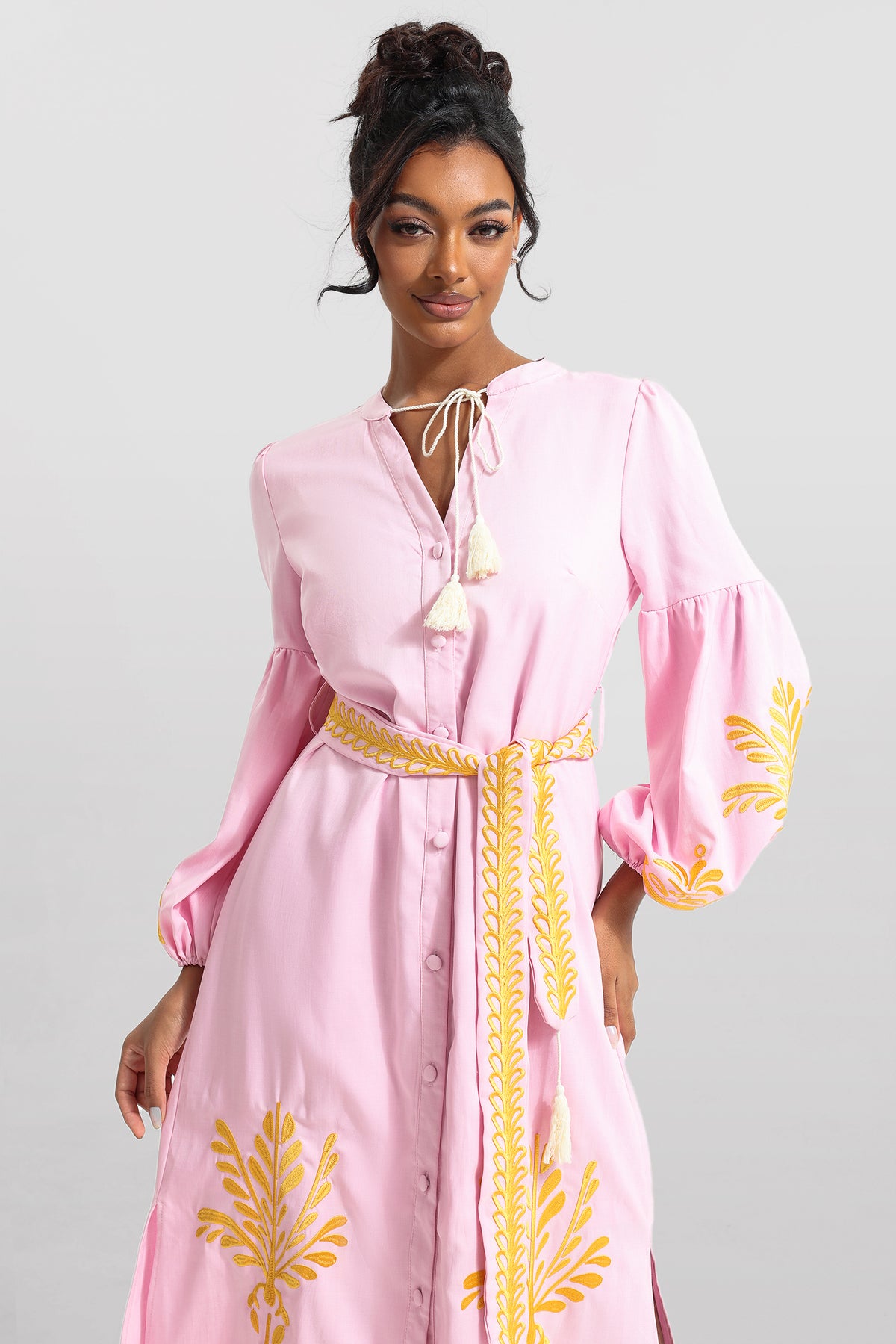 Embroidered Button Long Sleeve Midi Dress With Belt