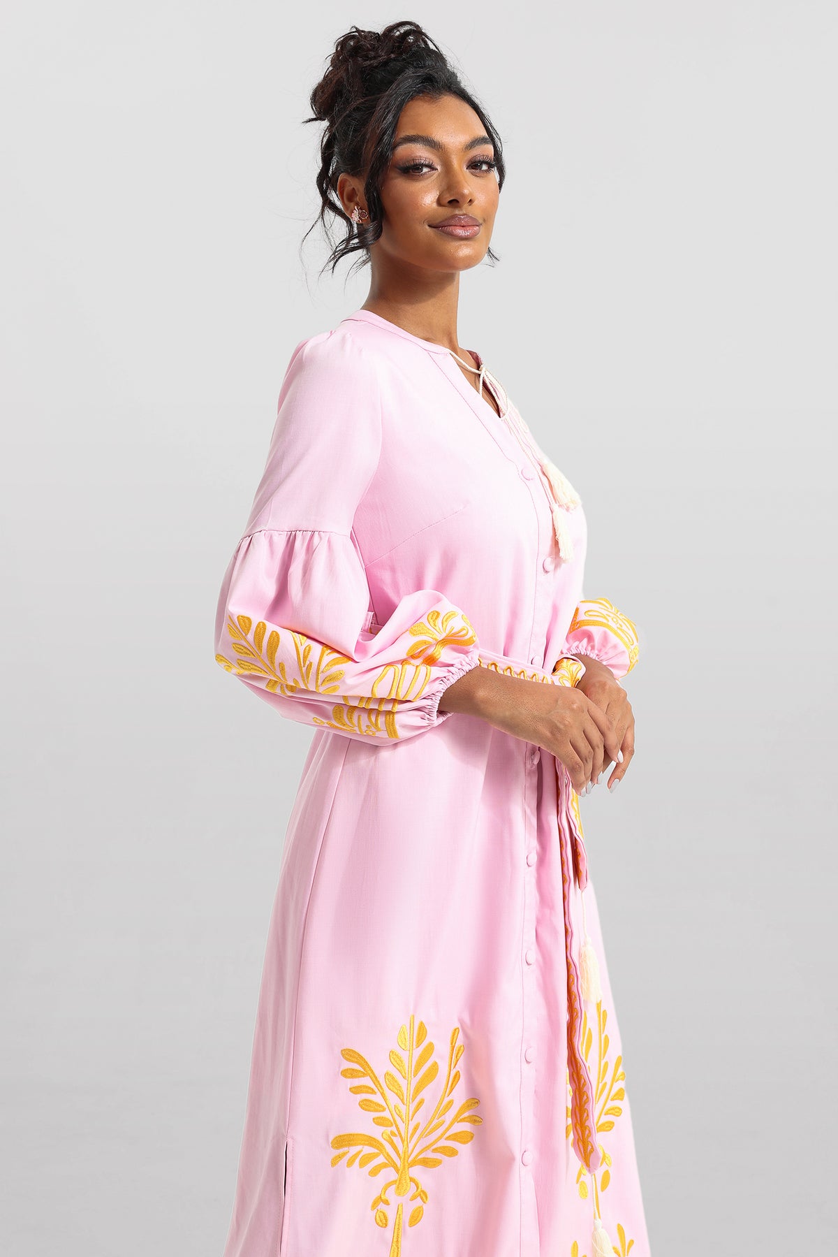 Embroidered Button Long Sleeve Midi Dress With Belt