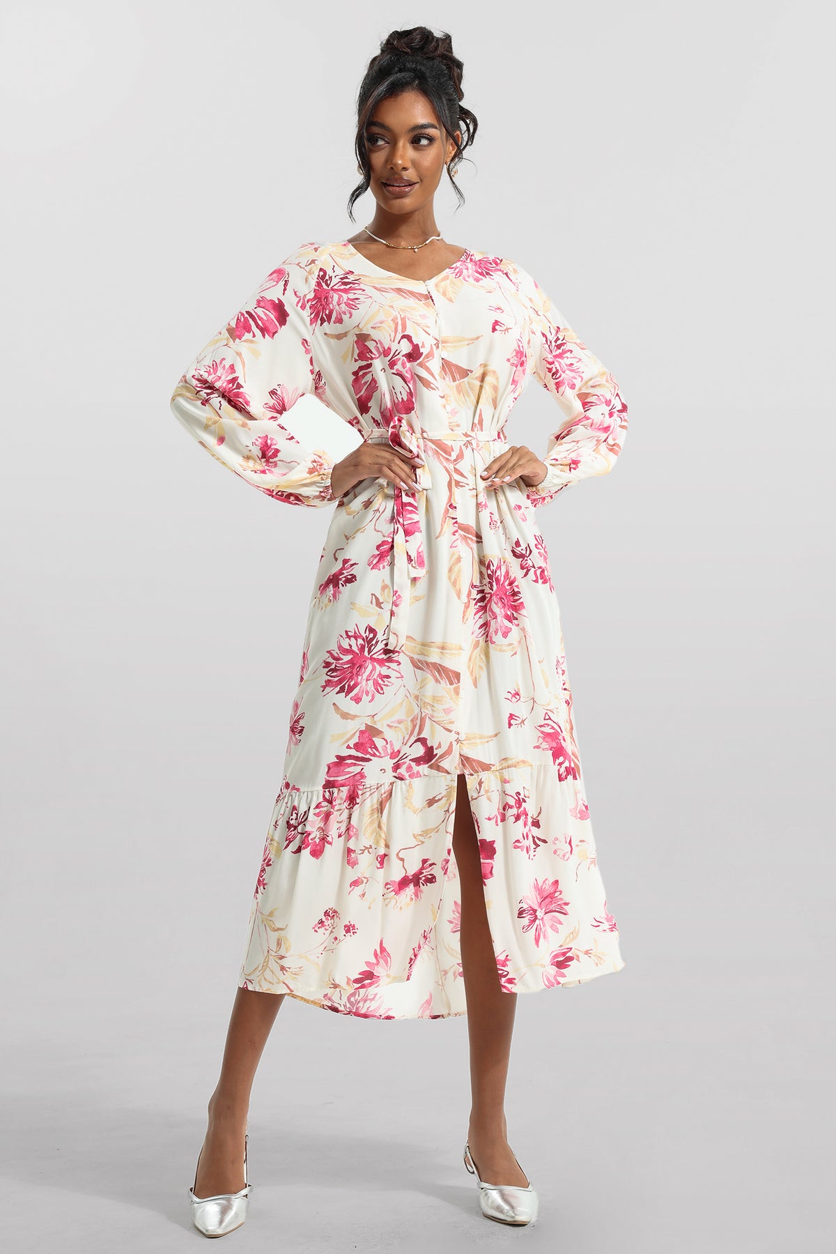 V-neck Long Sleeve Midi Dress With Belt