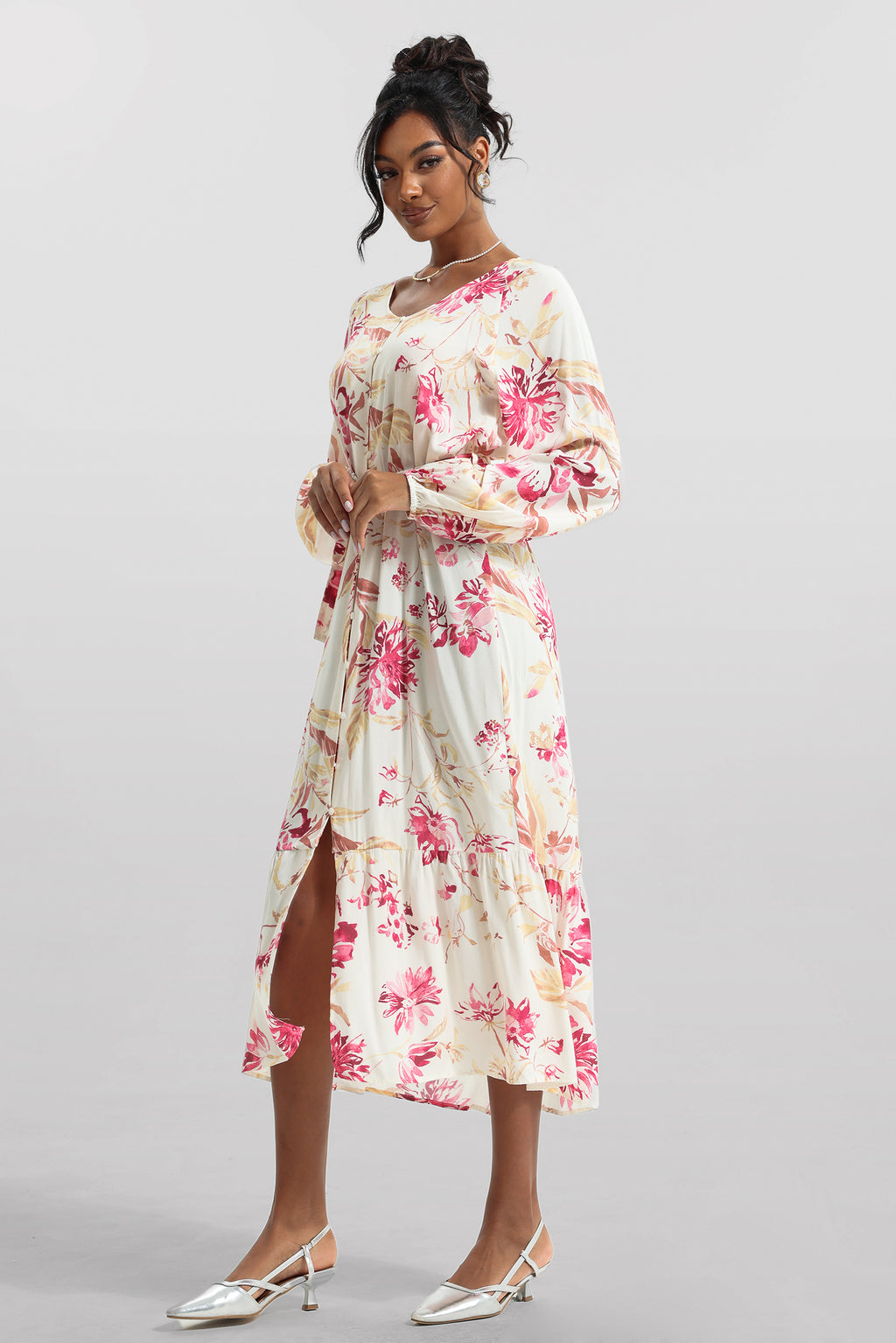 V-neck Long Sleeve Midi Dress With Belt
