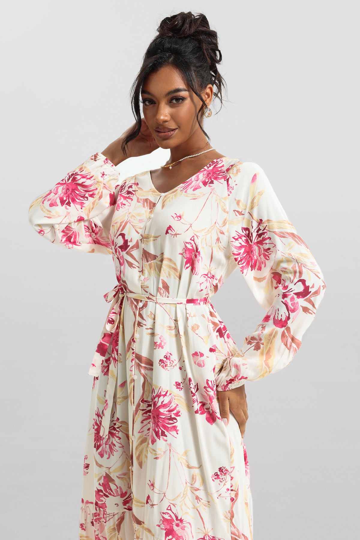V-neck Long Sleeve Midi Dress With Belt