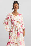 V-neck Long Sleeve Midi Dress With Belt