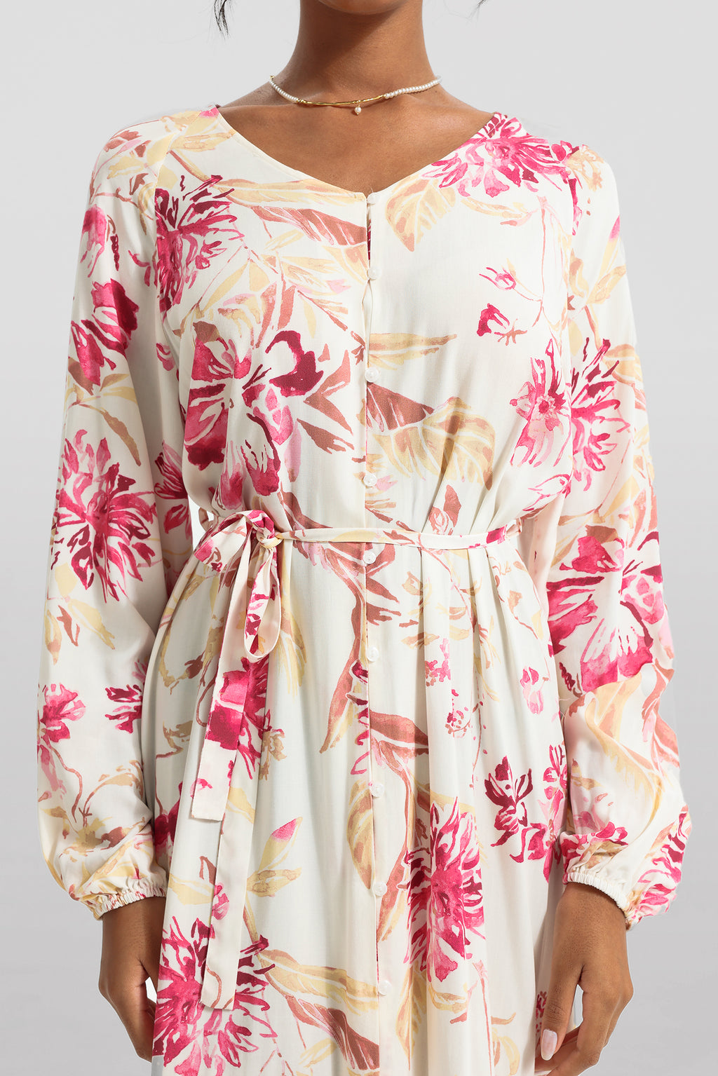 V-neck Long Sleeve Midi Dress With Belt