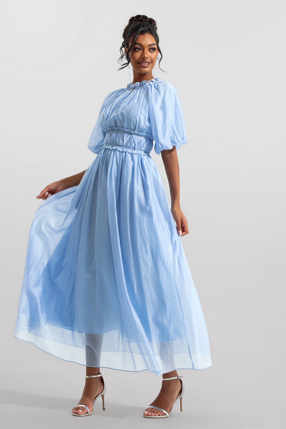 Chiffon Raglan Sleeve Frill Midi Dress