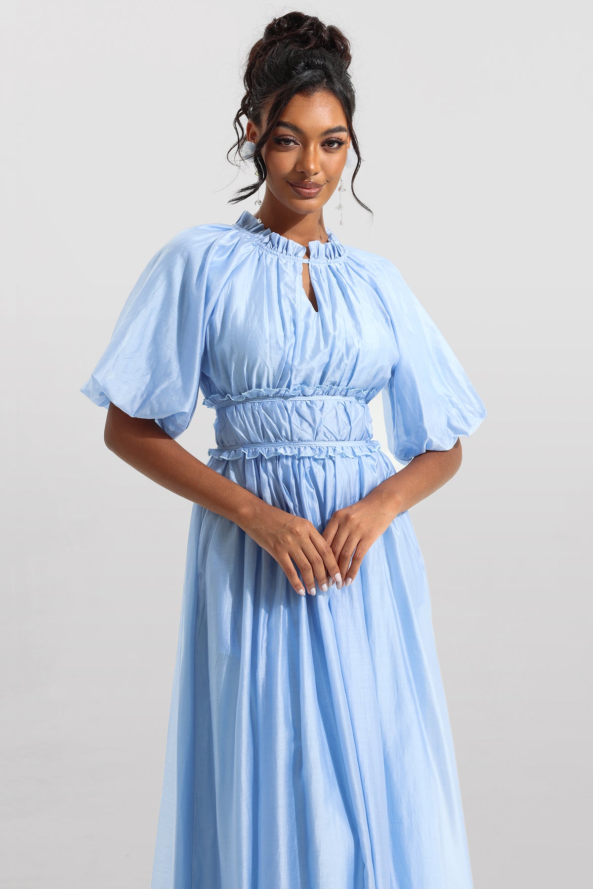 Chiffon Raglan Sleeve Frill Midi Dress