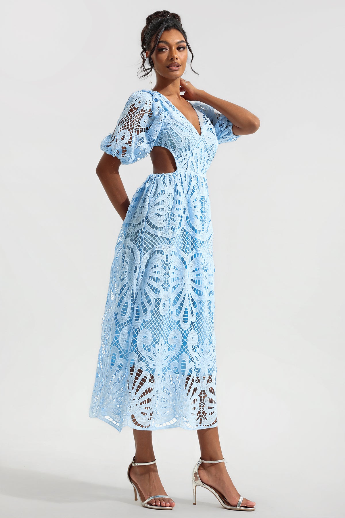 Lace V-neck Cut-out Midi Dress Blue