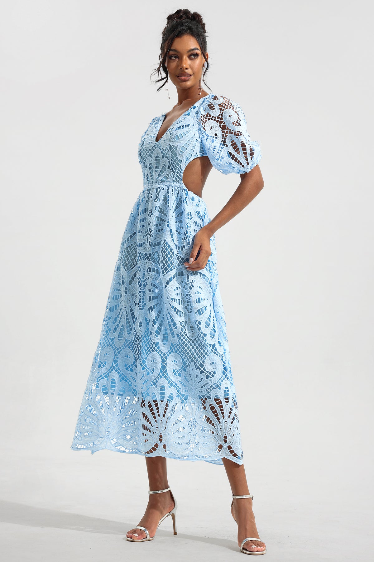 Lace V-neck Cut-out Midi Dress Blue
