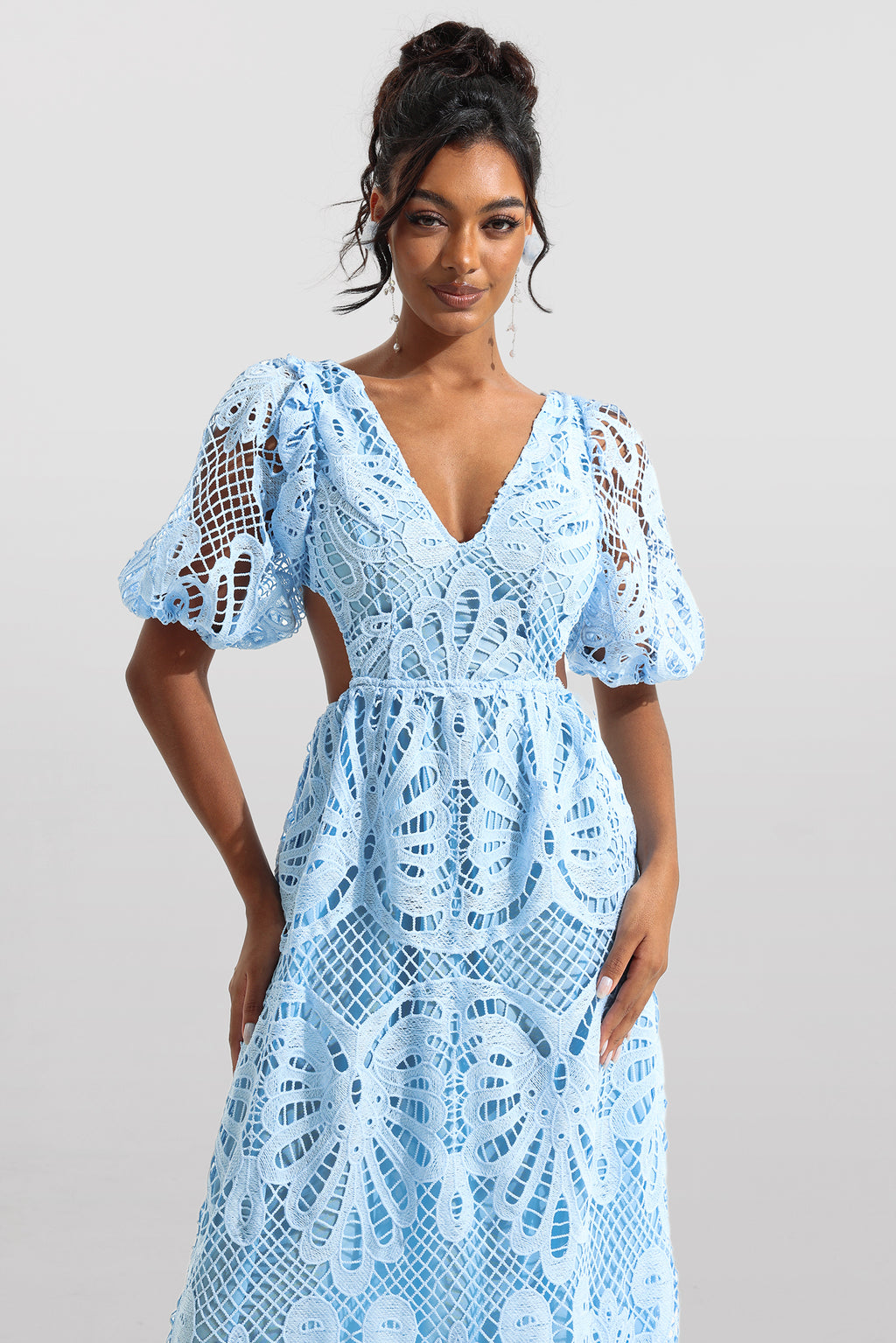 Lace V-neck Cut-out Midi Dress Blue