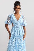Lace V-neck Cut-out Midi Dress Blue