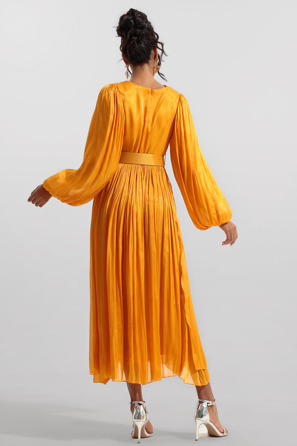 V-neck Frill Long Sleeve Midi Dress
