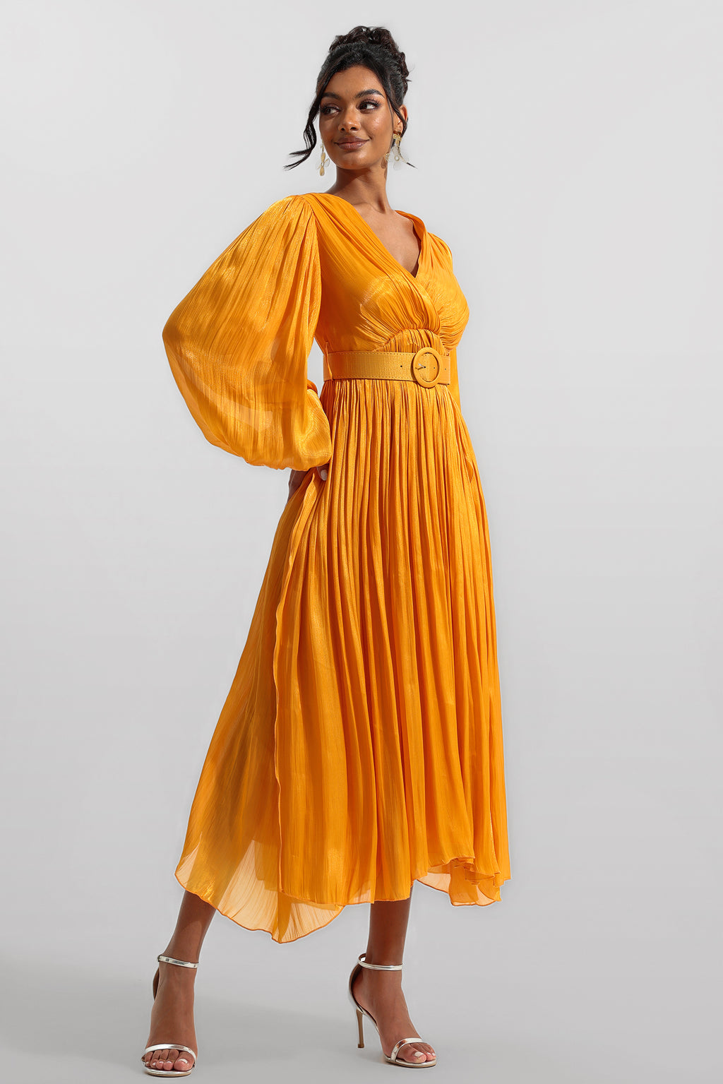 V-neck Frill Long Sleeve Midi Dress