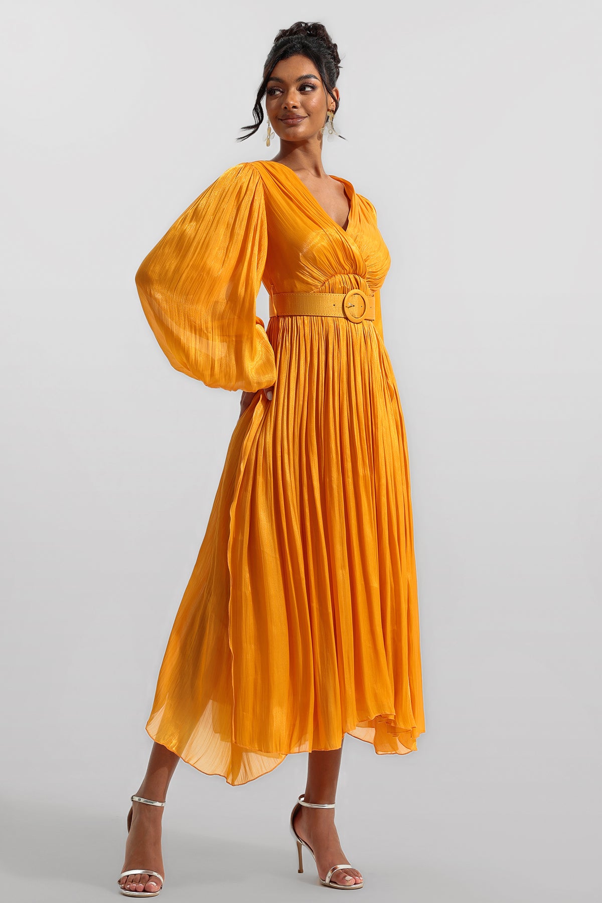 V-neck Frill Long Sleeve Midi Dress