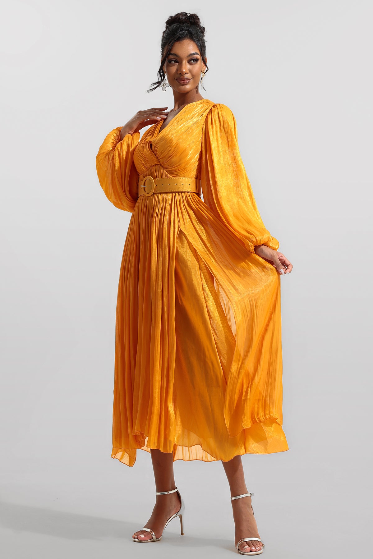 V-neck Frill Long Sleeve Midi Dress
