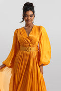 V-neck Frill Long Sleeve Midi Dress