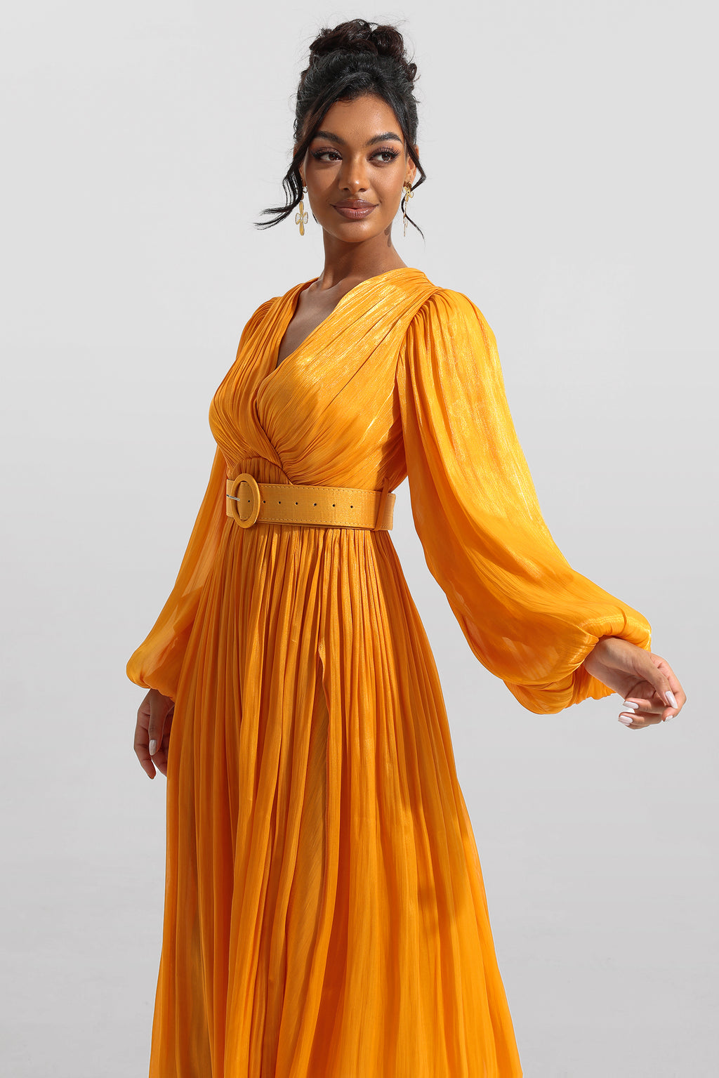 V-neck Frill Long Sleeve Midi Dress