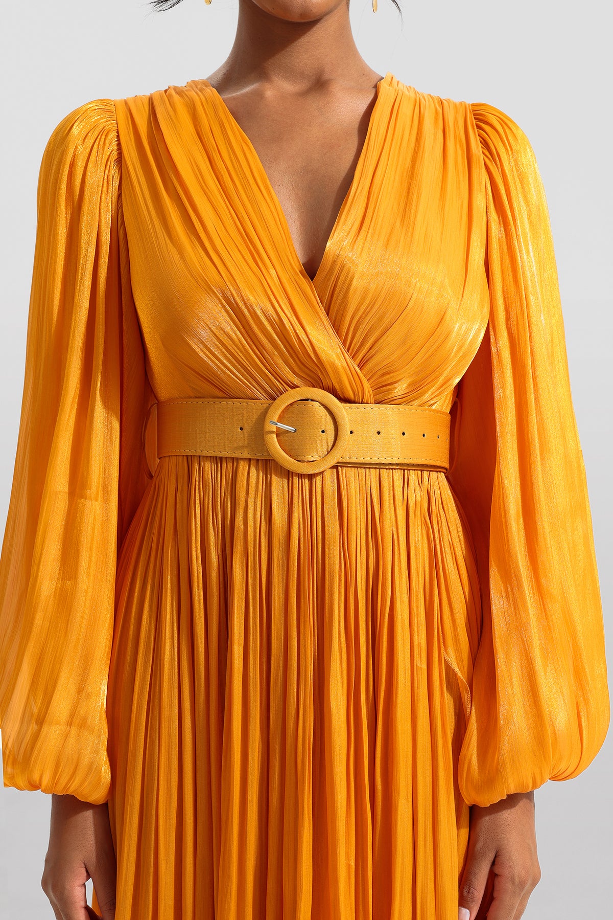V-neck Frill Long Sleeve Midi Dress