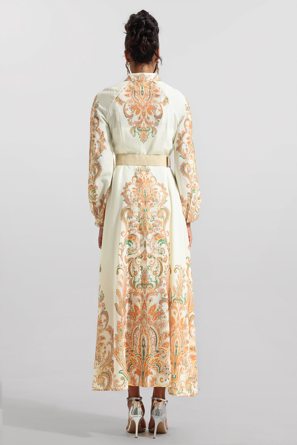 Paisley Print Lantern Sleeve Midi Dress