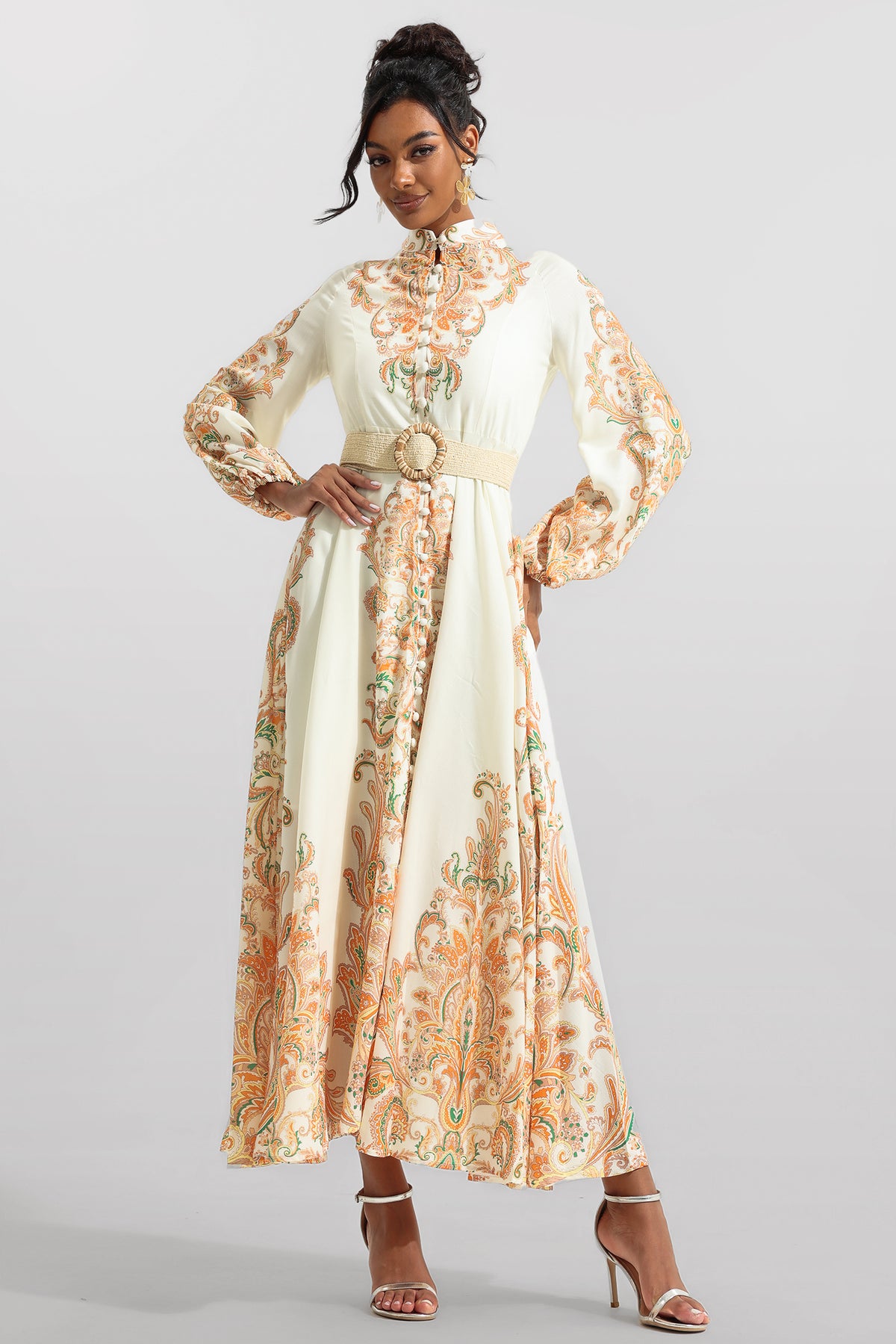 Paisley Print Lantern Sleeve Midi Dress
