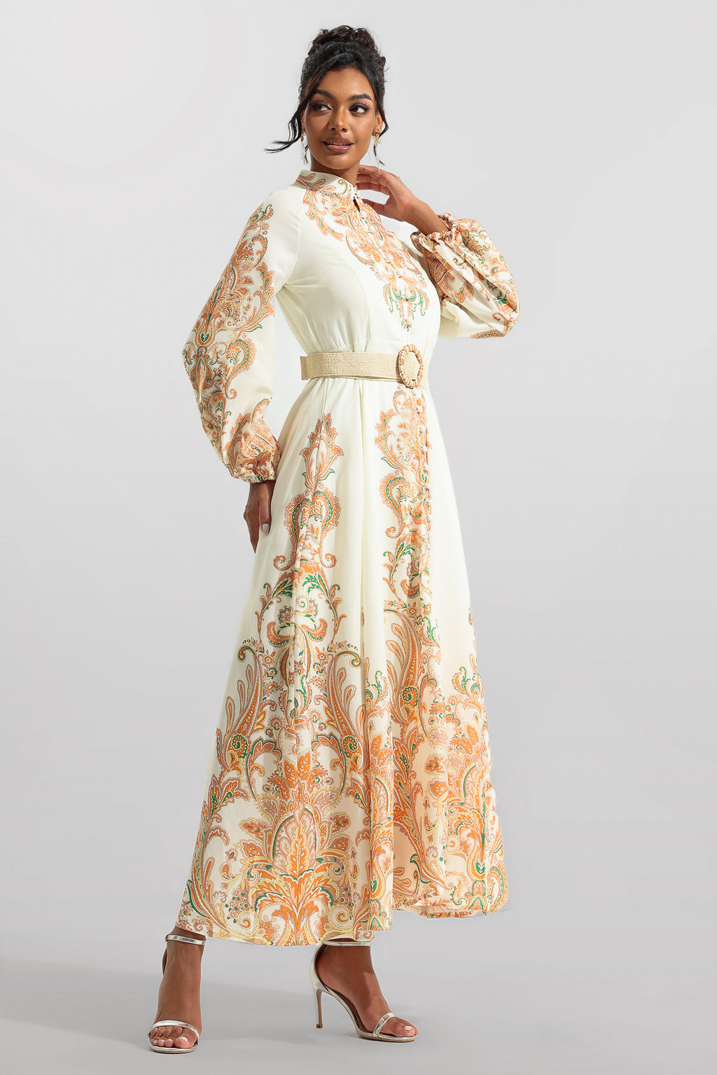Paisley Print Lantern Sleeve Midi Dress