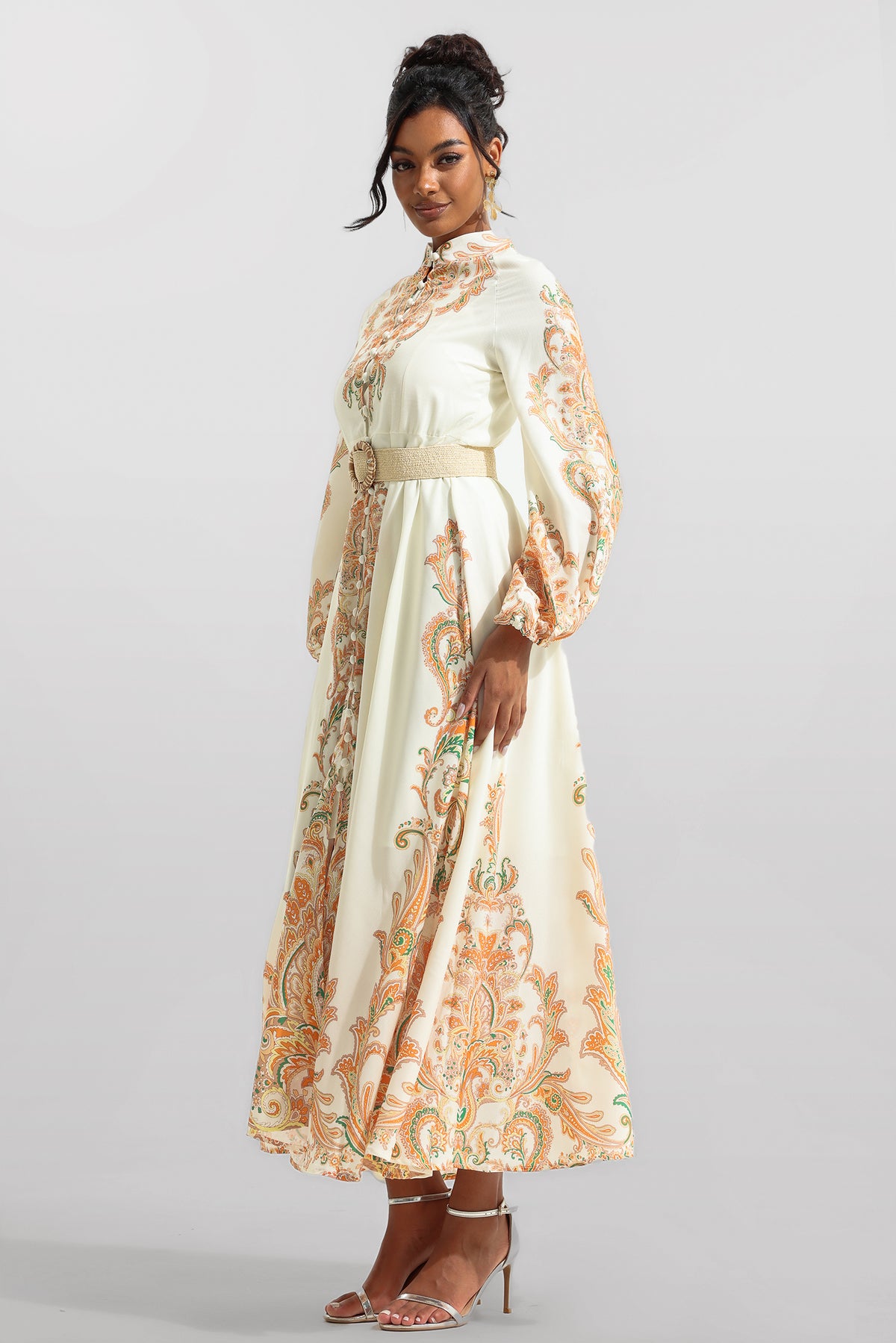 Paisley Print Lantern Sleeve Midi Dress