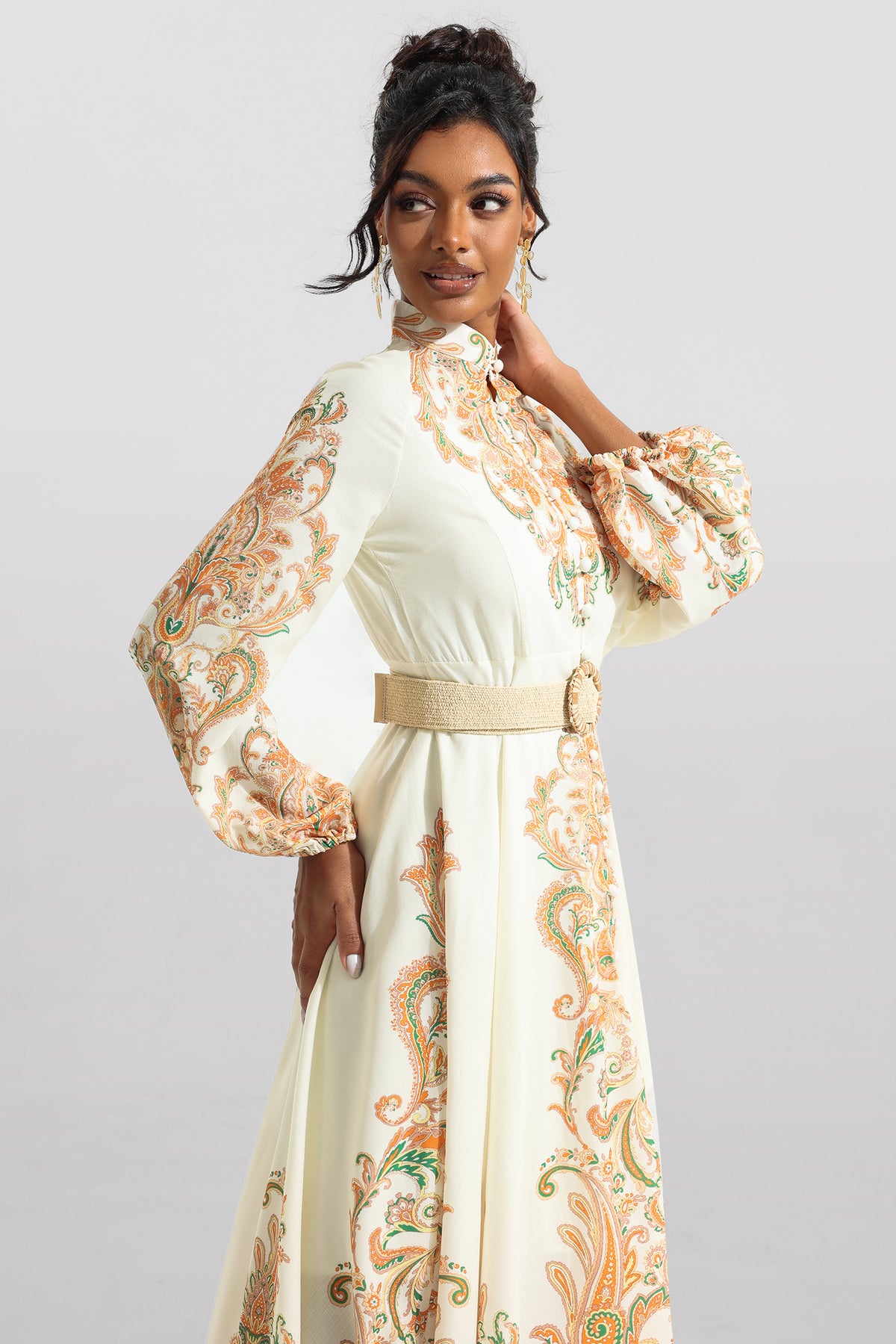 Paisley Print Lantern Sleeve Midi Dress