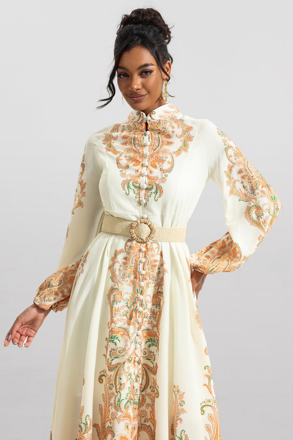 Paisley Print Lantern Sleeve Midi Dress