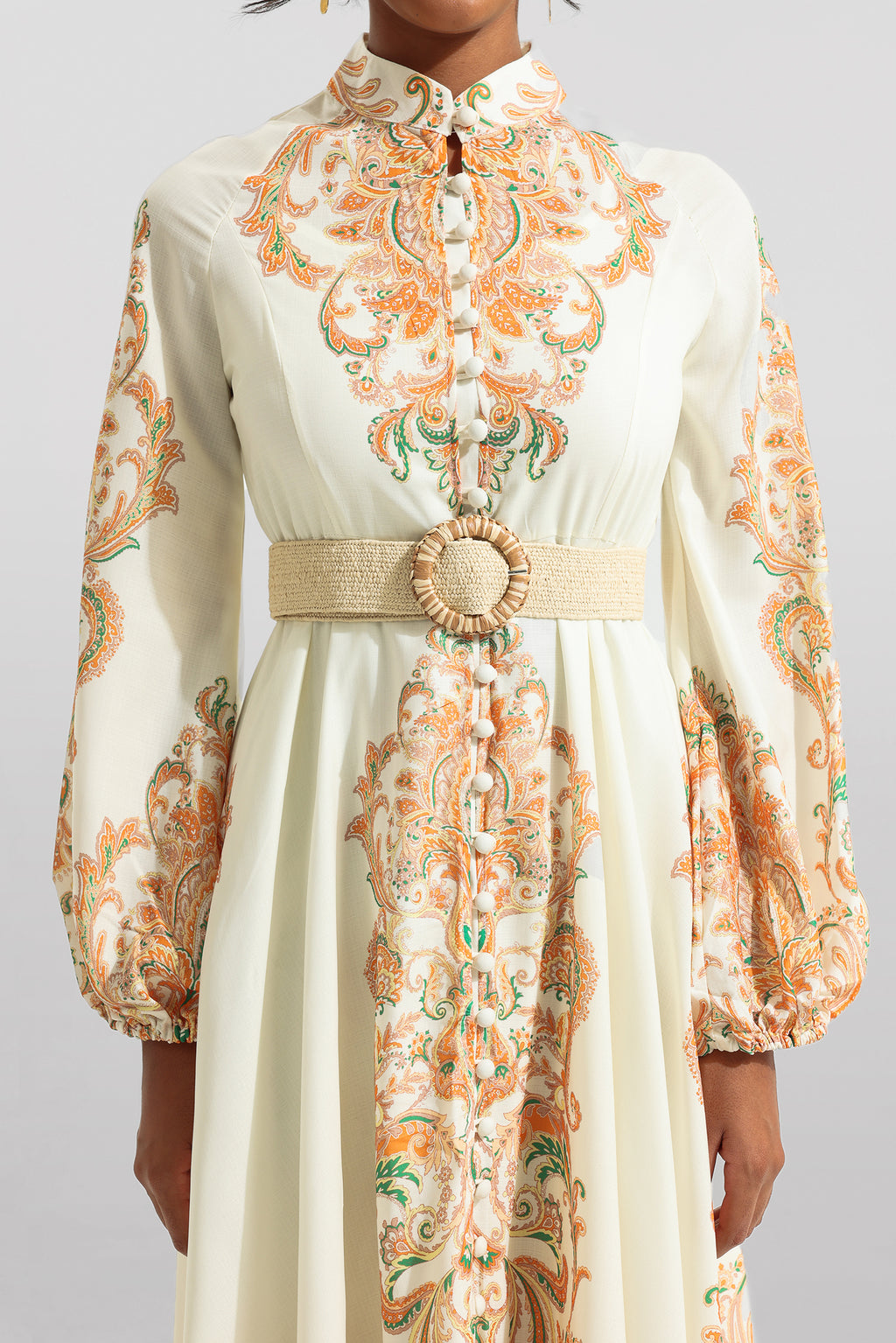 Paisley Print Lantern Sleeve Midi Dress
