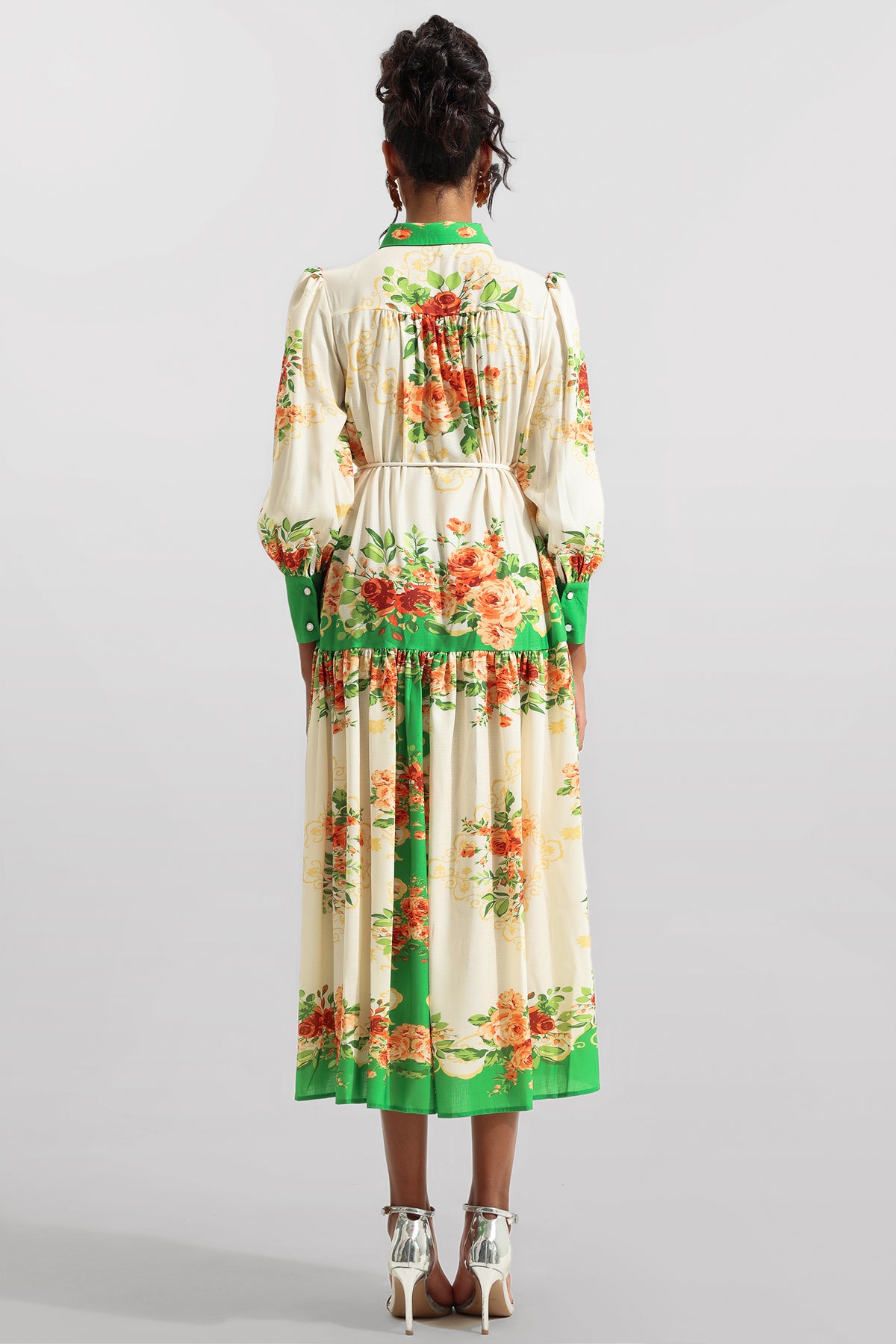 Lantern Sleeve Bottom Midi Dress With Belt