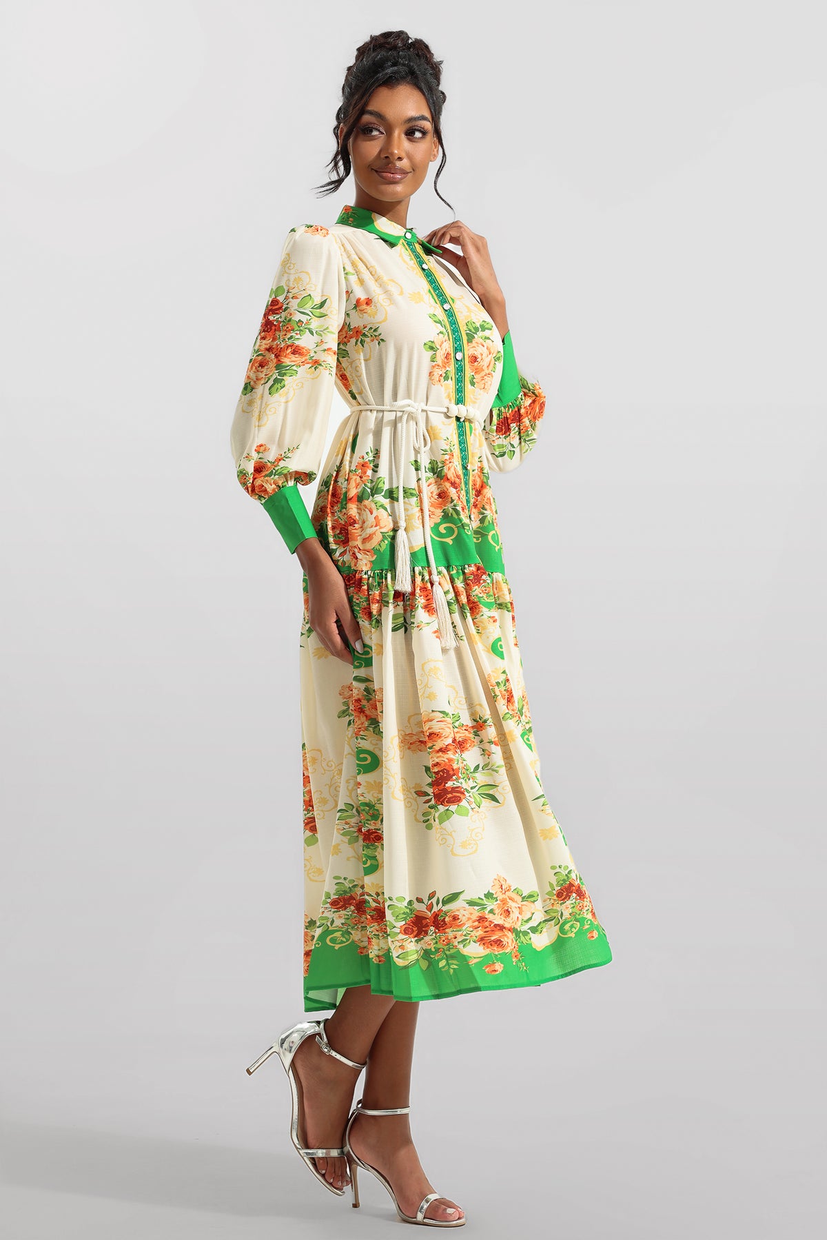 Lantern Sleeve Bottom Midi Dress With Belt