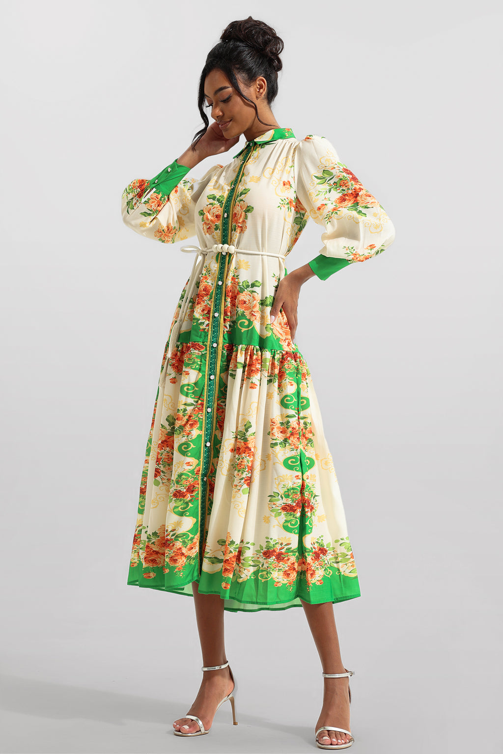 Lantern Sleeve Bottom Midi Dress With Belt